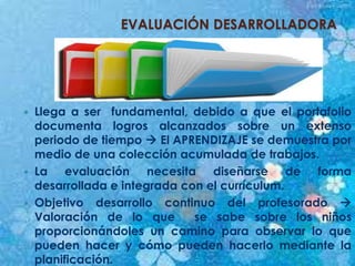 EVALUACIÓN DESARROLLADORA
 Llega a ser fundamental, debido a que el portafolio
documenta logros alcanzados sobre un extenso
periodo de tiempo  El APRENDIZAJE se demuestra por
medio de una colección acumulada de trabajos.
 La evaluación necesita diseñarse de forma
desarrollada e integrada con el currículum.
 Objetivo desarrollo continuo del profesorado 
Valoración de lo que se sabe sobre los niños
proporcionándoles un camino para observar lo que
pueden hacer y cómo pueden hacerlo mediante la
planificación.
 