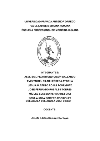 UNIVERSIDAD PRIVADA ANTENOR ORREGO
FACULTAD DE MEDICINA HUMANA
ESCUELA PROFESIONAL DE MEDICINA HUMANA
INTEGRANTES:
ALELI DEL PILAR MONDRAGON GALLARDO
EVELYN DEL PILAR HERRERA ATOCHA
JESUS ALBERTO ROJAS RODRIGUEZ
JOSE FERNANDO ROSALES TORRES
MIGUEL EUSEBIO HERNANDEZ DIAZ
ROSA ALCIRA ROMERO RODRIGUEZ
DEL AGUILA DEL AGUILA JUAN DIEGO
DOCENTE:
Josefa Edelsa Ramírez Córdova
 