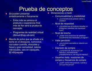 Lionel PinedaDimensiones a medirComunicabilidad y credibilidad ¿Los beneficios le parecen claros y creíbles? Nivel de necesidad¿considera que el producto resuelve un problema o satisface una necesidad suya? Nivel de brecha¿tratan otros productos de satisfacer actualmente esta necesidad y lo logran?Valor percibido¿es el precio razonable en relación con el valor?Intensión de compra¿compraría Ud. el producto? (en definitiva, probablemente, probablemente no, de ninguna manera?Usuarios meta, ocasiones de compra y frecuencia de compra¿quién usaría este producto, cuándo y con que frecuencia?Se pueden presentar simbólicamente o físicamente Entre más se parezca al producto o experiencia final más de fiar será la prueba de conceptoProgramas de realidad virtual (Simul-Shop cd-rom)Mezcla de polvo que se añade a la leche en el desayuno, nutricional, rico sabor (vainilla, chocolate y fresa) y gran comodidad, sobres individuales, seis en c/paquete, $2.49/paquetePrueba de conceptos