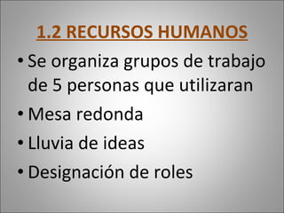 1.2 RECURSOS HUMANOS Se organiza grupos de trabajo de 5 personas que utilizaran  Mesa redonda Lluvia de ideas Designación de roles 