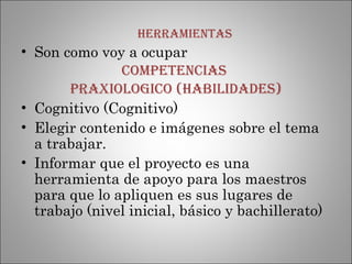 HERRAMIENTAS Son como voy a ocupar  COMPETENCIAS  PRAXIOLOGICO (Habilidades) Cognitivo (Cognitivo) Elegir contenido e imágenes sobre el tema a trabajar. Informar que el proyecto es una herramienta de apoyo para los maestros para que lo apliquen es sus lugares de trabajo (nivel inicial, básico y bachillerato)  