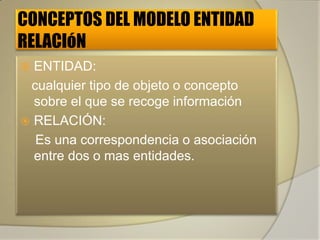 CONCEPTOS DEL MODELO ENTIDAD
RELACIóN
 ENTIDAD:
 cualquier tipo de objeto o concepto
  sobre el que se recoge información
 RELACIÓN:
  Es una correspondencia o asociación
  entre dos o mas entidades.
 