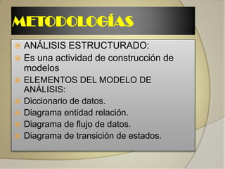 METODOLOGÍAS
 ANÁLISIS ESTRUCTURADO:
 Es una actividad de construcción de
  modelos
   ELEMENTOS DEL MODELO DE
    ANÁLISIS:
   Diccionario de datos.
   Diagrama entidad relación.
   Diagrama de flujo de datos.
   Diagrama de transición de estados.
 