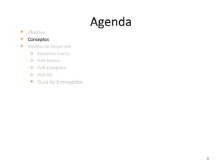 Agenda
7
 Objetivo
 Conceptos
 Modelo de Desarrollo
> Esquema macro
> PAR Básico
> PAR Completo
> PAR OE
 Guía de Entregables
 