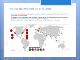 Nodos de Internet en el Mundo 
Existen 13 servidores DNS raíz, guardan la información de los servidores para cada una de las zonas de más alto nivel y constituyen el centro de la red. Se identifican con las siete primeras letras del alfabeto, varios de ellos se encuentra divididos físicamente y dispersos geográficamente (anycast), con el propósito de incrementar el rendimiento. Solo están representados en el mapa algunos de los 123 servidores DNS funcionando a nivel mundial.  