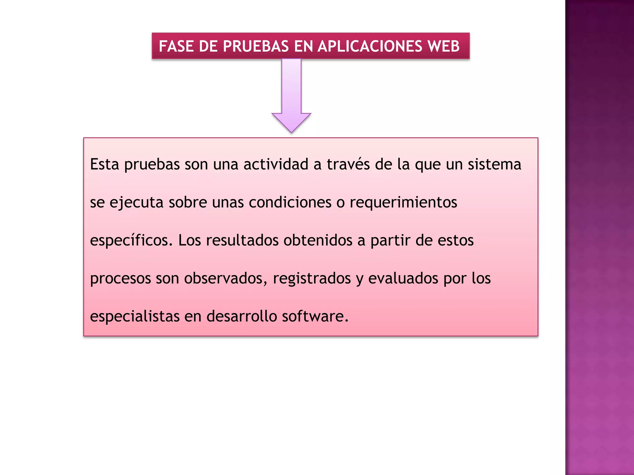 FASE DE PRUEBAS EN APLICACIONES WEB




Esta pruebas son una actividad a través de la que un sistema

se ejecuta sobre unas condiciones o requerimientos

específicos. Los resultados obtenidos a partir de estos

procesos son observados, registrados y evaluados por los

especialistas en desarrollo software.
 