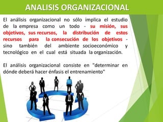 ANALISIS ORGANIZACIONAL
El análisis organizacional no sólo implica el estudio
de la empresa como un todo - su misión, sus
objetivos, sus recursos, la distribución de estos
recursos para la consecución de los objetivos -
sino también del ambiente socioeconómico y
tecnológico en el cual está situada la organización.
El análisis organizacional consiste en "determinar en
dónde deberá hacer énfasis el entrenamiento"
 