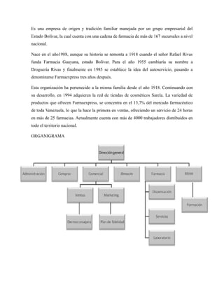 Es una empresa de origen y tradición familiar manejada por un grupo empresarial del
Estado Bolívar, la cual cuenta con una cadena de farmacia de más de 167 sucursales a nivel
nacional.
Nace en el año1988, aunque su historia se remonta a 1918 cuando el señor Rafael Rivas
funda Farmacia Guayana, estado Bolívar. Para el año 1955 cambiaría su nombre a
Droguería Rivas y finalmente en 1985 se establece la idea del autoservicio, pasando a
denominarse Farmaexpress tres años después.
Esta organización ha pertenecido a la misma familia desde el año 1918. Continuando con
su desarrollo, en 1994 adquieren la red de tiendas de cosméticos Sarela. La variedad de
productos que ofrecen Farmaexpress, se concentra en el 13,7% del mercado farmacéutico
de toda Venezuela, lo que la hace la primera en ventas, ofreciendo un servicio de 24 horas
en más de 25 farmacias. Actualmente cuenta con más de 4000 trabajadores distribuidos en
todo el territorio nacional.
ORGANIGRAMA
 