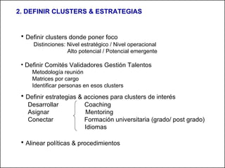 Definir clusters donde poner foco Distinciones: Nivel estratégico / Nivel operacional Alto potencial / Potencial emergente Definir Comités Validadores Gestión Talentos Metodología reunión Matrices por cargo Identificar personas en esos clusters Definir estrategias & acciones para clusters de interés Desarrollar  Coaching Asignar  Mentoring Conectar  Formación universitaria (grado/ post grado) Idiomas Alinear políticas & procedimientos 2. DEFINIR CLUSTERS & ESTRATEGIAS 
