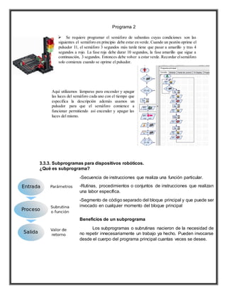 Programa 2
 Se requiere programar el semáforo de sabanitas cuyas condiciones son las
siguientes el semáforo en principio debe estar en verde. Cuando un peatón oprime el
pulsador I1, el semáforo 3 segundos más tarde tiene que pasar a amarillo y tras 4
segundos a rojo. La fase roja debe durar 10 segundos, la fase amarillo que sigue a
continuación, 3 segundos. Entonces debe volver a estar verde. Recordar elsemáforo
solo comienza cuando se oprime el pulsador.
Aquí utilizamos lámparas para encender y apagar
las luces del semáforo cada uno con el tiempo que
especifica la descripción además usamos un
pulsador para que el semáforo comience a
funcionar permitiendo así encender y apagar las
luces del mismo.
3.3.3. Subprogramas para dispositivos robóticos.
¿Qué es subprograma?
-Secuencia de instrucciones que realiza una función particular.
-Rutinas, procedimientos o conjuntos de instrucciones que realizan
una labor específica.
-Segmento de código separado del bloque principal y que puede ser
invocado en cualquier momento del bloque principal
Beneficios de un subprograma
Los subprogramas o subrutinas nacieron de la necesidad de
no repetir innecesariamente un trabajo ya hecho. Pueden invocarse
desde el cuerpo del programa principal cuantas veces se desee.
 