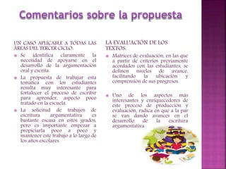 UN CASO APLICABLE A TODAS LAS
ÁREAS DEL TERCER CICLO:
 Se identifica claramente la
necesidad de apoyarse en el
desarrollo de la argumentación
oral y escrita.
 La propuesta de trabajar esta
temática con los estudiantes
resulta muy interesante para
fortalecer el proceso de escribir
para aprender, aspecto poco
tratado en la escuela.
 La solicitud de trabajos de
escritura argumentativa es
bastante escasa en estos grados,
pero es importante empezar a
propiciarla poco a poco y
mantener este trabajo a lo largo de
los años escolares.
LA EVALUACIÓN DE LOS
TEXTOS:
 Matrices de evaluación, en las que
a partir de criterios previamente
acordados con las estudiantes, se
definen niveles de avance,
facilitando la ubicación y
comprensión de sus progresos.
 Uno de los aspectos más
interesantes y enriquecedores de
este proceso de producción y
evaluación, radica en que a la par
se van dando avances en el
desarrollo de la escritura
argumentativa
 