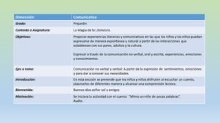 Dimensión: Comunicativa
Grado: Prejardin
Contexto o Asignatura: La Magia de la Literatura.
Objetivos: Propiciar experiencias literarias y comunicativas en las que los niños y las niñas puedan
expresarse de manera espontánea y natural a partir de las interacciones que
establezcan con sus pares, adultos y la cultura.
Expresar a través de la comunicación no verbal, oral y escrita, experiencias, emociones
y conocimientos.
Ejes o tema: Comunicación no verbal y verbal: A partir de la expresión de sentimientos, emociones
y para dar a conocer sus necesidades.
Introducción: En esta sección se pretende que los niños y niñas disfruten al escuchar un cuento,
plasmarlos de diferentes manera y alcanzar una comprensión lectora.
Bienvenida: Buenos días señor sol y amigos
Motivación: Se iniciara la actividad con el cuento “Mimo un niño de pocas palabras”.
Audio.
 