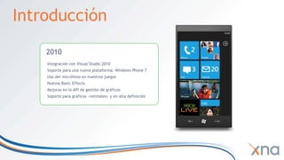 Introducción2010Integración con Visual Studio 2010Soporte para una nueva plataforma: Windows Phone 7Uso del micrófono en nuestros juegosNuevos Basic EffectsMejoras en la API de gestión de gráficosSoporte para gráficos «normales» y en alta definición