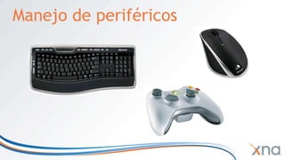 IntroducciónContentCodeComponentXACTXINPUTXContentDirect3DGraphicsAudioInputMathApplication ModelContent PipelineStarter KitsStorageGamesDos tipos de componentesExtendedFrameworkGameComponentsDrawableGameComponentsCoreFrameworkGamer ServicesNetworkingPlatformLegendCommunityXNA ProvidesYou Provide