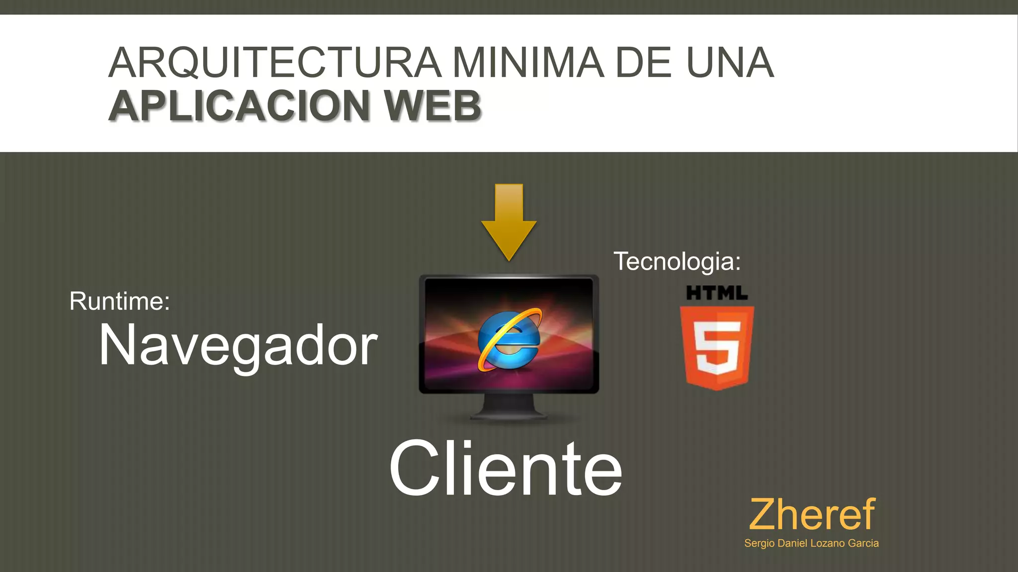 ARQUITECTURA MINIMA DE UNA
   APLICACION WEB


                      Tecnologia:
Runtime:

  Navegador

              Cliente               Zheref
                                    Sergio Daniel Lozano Garcia
 