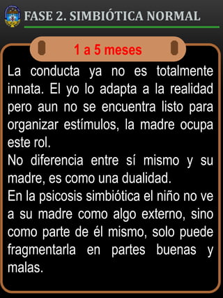 FASE 2. SIMBIÓTICA NORMAL
La conducta ya no es totalmente
innata. El yo lo adapta a la realidad
pero aun no se encuentra listo para
organizar estímulos, la madre ocupa
este rol.
No diferencia entre sí mismo y su
madre, es como una dualidad.
En la psicosis simbiótica el niño no ve
a su madre como algo externo, sino
como parte de él mismo, solo puede
fragmentarla en partes buenas y
malas.
1 a 5 meses
 