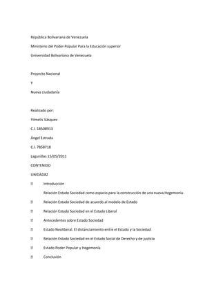 República Bolivariana de Venezuela
Ministerio del Poder Popular Para la Educación superior
Universidad Bolivariana de Venezuela
Proyecto Nacional
Y
Nueva ciudadanía
Realizado por:
Yilmelis Vásquez
C.I. 18508913
Ángel Estrada
C.I. 7858718
Lagunillas 15/05/2011
CONTENIDO
UNIDAD#2
 Introducción
Relación Estado Sociedad como espacio para la construcción de una nueva Hegemonía.
 Relación Estado Sociedad de acuerdo al modelo de Estado
 Relación Estado Sociedad en el Estado Liberal
 Antecedentes sobre Estado Sociedad
 Estado Neoliberal. El distanciamiento entre el Estado y la Sociedad
 Relación Estado Sociedad en el Estado Social de Derecho y de justicia
 Estado Poder Popular y Hegemonía
 Conclusión
 