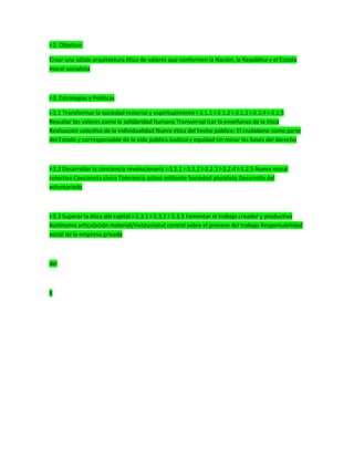 I-2. Objetivo:
Crear una sólida arquitectura ética de valores que conformen la Nación, la República y el Estado
moral-socialista
I-3. Estrategias y Políticas
I-3.1 Transformar la sociedad material y espiritualmente I-3.1.1 I-3.1.2 I-3.1.3 I-3.1.4 I-3.1.5
Rescatar los valores como la solidaridad humana Transversal izar la enseñanza de la ética
Realización colectiva de la individualidad Nueva ética del hecho público: El ciudadano como parte
del Estado y corresponsable de la vida pública Justicia y equidad sin minar las bases del derecho
I-3.2 Desarrollar la conciencia revolucionaria I-3.2.1 I-3.2.2 I-3.2.3 I-3.2.4 I-3.2.5 Nueva moral
colectiva Conciencia cívica Tolerancia activa militante Sociedad pluralista Desarrollo del
voluntariado
I-3.3 Superar la ética del capital I-3.3.1 I-3.3.2 I-3.3.3 Fomentar el trabajo creador y productivo
Autónoma articulación material/institucional control sobre el proceso del trabajo Responsabilidad
social de la empresa privada
del
8
 