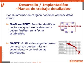 Saber trabajar con mentalidad de Proyectos - Página | 11 | 165
www.incrementis.es
Convertimos el talento en acción
Con la información cargada podemos obtener datos
como:
Gráficos PERT: Permite identificar
las tareas que inexcusablemente
deben finalizar en la fecha
establecida.
GANTT: Gráfica de carga de tareas
por recursos que permite un
seguimiento y control de las
actividades.
Desarrollo / Implantación:
-Planes de trabajo detallados-
 