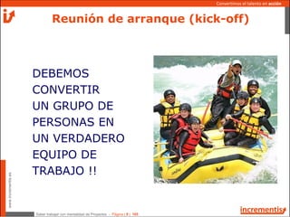 Saber trabajar con mentalidad de Proyectos - Página | 8 | 165
www.incrementis.es
Convertimos el talento en acción
DEBEMOS
CONVERTIR
UN GRUPO DE
PERSONAS EN
UN VERDADERO
EQUIPO DE
TRABAJO !!
Reunión de arranque (kick-off)
 