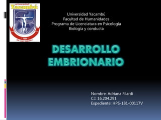 Universidad Yacambú
Facultad de Humanidades
Programa de Licenciatura en Psicología
Biología y conducta
Nombre: Adriana Filardi
C.I: 16.204.291
Expediente: HPS-181-00117V
 