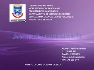 UNIVERSIDAD YACAMBU
VICERRECTORADO ACADEMICO
FACULTAD DE HUMANIDADES
DEPARTAMENTO DE ESTUDIOS GENERALES
ESPECIALIDAD: LICENCIATURA DE PSICOLOGIA
ASIGNATURA: BIOLOGIA
Alumna: Andreina Millán
C.I: 26.072.693
Sección: ED02DOV
Número de Expediente:
HPS-173-000-34V
PUERTO LA CRUZ, OCTUBRE DE 2017
 