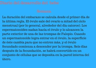 Diario del desarrollo del bebe
Semana
La duración del embarazo se calcula desde el primer día de
la última regla. El óvulo sale del ovario a mitad del ciclo
menstrual (por lo general, alrededor del día catorce). Los
espermatozoides nadan hacia el óvulo y lo alcancen la
parte exterior de una de las trompas de Falopio. Cuando
un espermatozoide logra entrar en el óvulo, la superficie
de éste cambia para que no entren más, y el óvulo
fecundado comienza a descender por la trompa. Seis días
después de la fecundación, se habrá convertido en un
conjunto de células que se deposita en la pared interna del
útero.
 