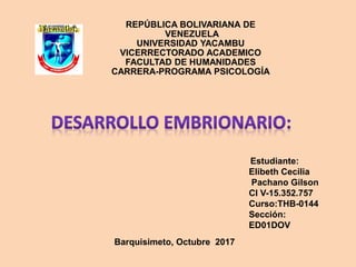 REPÚBLICA BOLIVARIANA DE
VENEZUELA
UNIVERSIDAD YACAMBU
VICERRECTORADO ACADEMICO
FACULTAD DE HUMANIDADES
CARRERA-PROGRAMA PSICOLOGÍA
Estudiante:
Elibeth Cecilia
Pachano Gilson
CI V-15.352.757
Curso:THB-0144
Sección:
ED01DOV
Barquisimeto, Octubre 2017
 