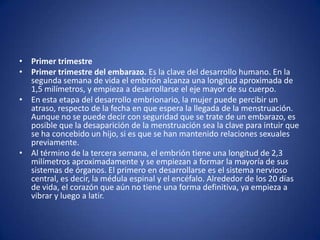 • Primer trimestre
• Primer trimestre del embarazo. Es la clave del desarrollo humano. En la
  segunda semana de vida el embrión alcanza una longitud aproximada de
  1,5 milímetros, y empieza a desarrollarse el eje mayor de su cuerpo.
• En esta etapa del desarrollo embrionario, la mujer puede percibir un
  atraso, respecto de la fecha en que espera la llegada de la menstruación.
  Aunque no se puede decir con seguridad que se trate de un embarazo, es
  posible que la desaparición de la menstruación sea la clave para intuir que
  se ha concebido un hijo, si es que se han mantenido relaciones sexuales
  previamente.
• Al término de la tercera semana, el embrión tiene una longitud de 2,3
  milímetros aproximadamente y se empiezan a formar la mayoría de sus
  sistemas de órganos. El primero en desarrollarse es el sistema nervioso
  central, es decir, la médula espinal y el encéfalo. Alrededor de los 20 días
  de vida, el corazón que aún no tiene una forma definitiva, ya empieza a
  vibrar y luego a latir.
 