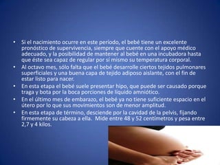 • Si el nacimiento ocurre en este período, el bebé tiene un excelente
  pronóstico de supervivencia, siempre que cuente con el apoyo médico
  adecuado, y la posibilidad de mantener al bebé en una incubadora hasta
  que éste sea capaz de regular por sí mismo su temperatura corporal.
• Al octavo mes, sólo falta que el bebé desarrolle ciertos tejidos pulmonares
  superficiales y una buena capa de tejido adiposo aislante, con el fin de
  estar listo para nacer.
• En esta etapa el bebé suele presentar hipo, que puede ser causado porque
  traga y bota por la boca porciones de líquido amniótico.
• En el último mes de embarazo, el bebé ya no tiene suficiente espacio en el
  útero por lo que sus movimientos son de menor amplitud.
• En esta etapa de término, desciende por la cavidad de la pelvis, fijando
  firmemente su cabeza a ella. Mide entre 48 y 52 centímetros y pesa entre
  2,7 y 4 kilos.
 