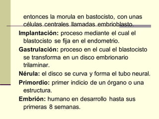 entonces la morula en bastocisto, con unas
células centrales llamadas embrioblasto.
Implantación: proceso mediante el cual el
blastocisto se fija en el endometrio.
Gastrulación: proceso en el cual el blastocisto
se transforma en un disco embrionario
trilaminar.
Nérula: el disco se curva y forma el tubo neural.
Primordio: primer indicio de un órgano o una
estructura.
Embrión: humano en desarrollo hasta sus
primeras 8 semanas.
 