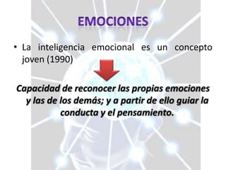 • La inteligencia emocional es un concepto
joven (1990)
Capacidad de reconocer las propias emociones
y las de los demás; y a partir de ello guiar la
conducta y el pensamiento.
 