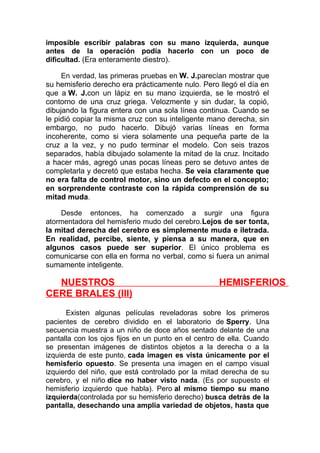 imposible escribir palabras con su mano izquierda, aunque
antes de la operación podía hacerlo con un poco de
dificultad. (Era enteramente diestro).
En verdad, las primeras pruebas en W. J.parecían mostrar que
su hemisferio derecho era prácticamente nulo. Pero llegó el día en
que a W. J.con un lápiz en su mano izquierda, se le mostró el
contorno de una cruz griega. Velozmente y sin dudar, la copió,
dibujando la figura entera con una sola línea continua. Cuando se
le pidió copiar la misma cruz con su inteligente mano derecha, sin
embargo, no pudo hacerlo. Dibujó varias líneas en forma
incoherente, como si viera solamente una pequeña parte de la
cruz a la vez, y no pudo terminar el modelo. Con seis trazos
separados, había dibujado solamente la mitad de la cruz. Incitado
a hacer más, agregó unas pocas líneas pero se detuvo antes de
completarla y decretó que estaba hecha. Se veía claramente que
no era falta de control motor, sino un defecto en el concepto;
en sorprendente contraste con la rápida comprensión de su
mitad muda.
Desde entonces, ha comenzado a surgir una figura
atormentadora del hemisferio mudo del cerebro.Lejos de ser tonta,
la mitad derecha del cerebro es simplemente muda e iletrada.
En realidad, percibe, siente, y piensa a su manera, que en
algunos casos puede ser superior. El único problema es
comunicarse con ella en forma no verbal, como si fuera un animal
sumamente inteligente.

NUESTROS
CERE BRALES (III)

HEMISFERIOS

Existen algunas películas reveladoras sobre los primeros
pacientes de cerebro dividido en el laboratorio de Sperry. Una
secuencia muestra a un niño de doce años sentado delante de una
pantalla con los ojos fijos en un punto en el centro de ella. Cuando
se presentan imágenes de distintos objetos a la derecha o a la
izquierda de este punto, cada imagen es vista únicamente por el
hemisferio opuesto. Se presenta una imagen en el campo visual
izquierdo del niño, que está controlado por la mitad derecha de su
cerebro, y el niño dice no haber visto nada. (Es por supuesto el
hemisferio izquierdo que habla). Pero al mismo tiempo su mano
izquierda(controlada por su hemisferio derecho) busca detrás de la
pantalla, desechando una amplia variedad de objetos, hasta que

 