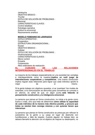 Jerárquica
OBJETIVO BÁSICO :
Triunfar
ESTILO DE SOLUCIÓN DE PROBLEMAS :
Racional
CARACTERÍSTICAS CLAVES :
Control detallado
Estrategia operativa
Actitud no emocional
Razonamiento analítico
MODELO FEMENINO DE LIDERAZGO
ESTILO OPERATIVO :
Cooperativo
ESTRUCTURA ORGANIZACIONAL :
Equipo
OBJETIVO BÁSICO :
Calidad
ESTILO DE SOLUCIÓN DE PROBLEMAS :
Intuitivo/racional
CARACTERÍSTICAS CLAVES :
Menor control
Empatía
Cooperación
Altos estándares de realización

EL
CUIDADO
DE
LAS
INTERPERSONALES EN EL TRABAJO

RELACIONES

La mayoría de los trabajos (especialmente en una sociedad tan compleja
e interdependiente como la nuestra) implica un sutil juego de
interrelaciones cooperativas y competitivas. Una buena conducción
implica regular esas relaciones para lograr que cada individuo aporte lo
mejor
de
sí
mismo.
Si la gente trabaja con objetivos opuestos, si se ‘puentean’ los niveles de
autoridad, si la comunicación se derrumba para convertirse en rumores o
en silencio, es señal de que, en algún punto, está fallando el
pensamiento constructivo y la inteligencia emocional.
La persona que piensa en forma constructiva, no rotula a la gente como
buena o mala, sino que trata de determinar cómo utilizar la capacidad
de cada individuo de la manera más efectiva posible, y procura que
todos se sientan bien consigo mismos y con quienes tienen que
interactuar.
La persona que piensa en forma constructiva se preocupa por reforzar la
autoestima de la gente a su cargo en lugar de destruirla con
humillaciones y falta de respeto. Cuando alguien no trabaja bien, se
debiera llamarle la atención con el objetivo de mejorar su desempeño, no

 