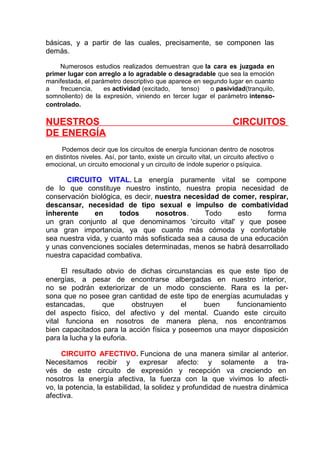 básicas, y a partir de las cuales, precisamente, se componen las
demás.
Numerosos estudios realizados demuestran que la cara es juzgada en
primer lugar con arreglo a lo agradable o desagradable que sea la emoción
manifestada, el parámetro descriptivo que aparece en segundo lugar en cuanto
a
frecuencia,
es actividad (excitado,
tenso)
o pasividad(tranquilo,
somnoliento) de la expresión, viniendo en tercer lugar el parámetro intensocontrolado.

NUESTROS
DE ENERGÍA

CIRCUITOS

Podemos decir que los circuitos de energía funcionan dentro de nosotros
en distintos niveles. Así, por tanto, existe un circuito vital, un circuito afectivo o
emocional, un circuito emocional y un circuito de índole superior o psíquica.

CIRCUITO VITAL. La energía puramente vital se compone
de lo que constituye nuestro instinto, nuestra propia necesidad de
conservación biológica, es decir, nuestra necesidad de comer, respirar,
descansar, necesidad de tipo sexual e impulso de combatividad
inherente
en
todos
nosotros.
Todo
esto
forma
un gran conjunto al que denominamos 'circuito vital' y que posee
una gran importancia, ya que cuanto más cómoda y confortable
sea nuestra vida, y cuanto más sofisticada sea a causa de una educación
y unas convenciones sociales determinadas, menos se habrá desarrollado
nuestra capacidad combativa.
El resultado obvio de dichas circunstancias es que este tipo de
energías, a pesar de encontrarse albergadas en nuestro interior,
no se podrán exteriorizar de un modo consciente. Rara es la persona que no posee gran cantidad de este tipo de energías acumuladas y
estancadas,
que
obstruyen
el
buen
funcionamiento
del aspecto físico, del afectivo y del mental. Cuando este circuito
vital funciona en nosotros de manera plena, nos encontramos
bien capacitados para la acción física y poseemos una mayor disposición
para la lucha y la euforia.
CIRCUITO AFECTIVO. Funciona de una manera similar al anterior.
Necesitamos recibir y expresar afecto: y solamente a través de este circuito de expresión y recepción va creciendo en
nosotros la energía afectiva, la fuerza con la que vivimos lo afectivo, la potencia, la estabilidad, la solidez y profundidad de nuestra dinámica
afectiva.

 