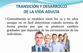 TRANSICIÓN Y DESARROLLO
DE LA VIDA ADULTA
 Generalmente se establece entre los 25 y 60 años
aunque no es fácil determinar cuándo termina de
forma precisa por que se producen cambios
graduales que dependen de las circunstancias de los
individuos.
 