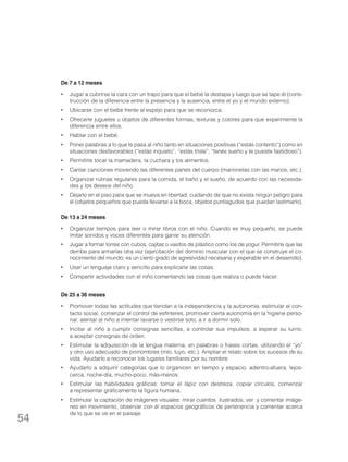 De 7 a 12 meses
•	 Jugar a cubrirse la cara con un trapo para que el bebé la destape y luego que se tape él (construcción de la diferencia entre la presencia y la ausencia, entre el yo y el mundo externo).
•	 Ubicarse con el bebé frente al espejo para que se reconozca.
•	 Ofrecerle juguetes u objetos de diferentes formas, texturas y colores para que experimente la
diferencia entre ellos.
•	 Hablar con el bebé.
•	 Poner palabras a lo que le pasa al niño tanto en situaciones positivas (“estás contento”) como en
situaciones desfavorables (“estás inquieto”, “estás triste”, “tenés sueño y te pusiste fastidioso”).
•	 Permitirle tocar la mamadera, la cuchara y los alimentos.
•	 Cantar canciones moviendo las diferentes partes del cuerpo (marionetas con las manos, etc.).
•	 Organizar rutinas regulares para la comida, el baño y el sueño, de acuerdo con las necesidades y los deseos del niño.
•	 Dejarlo en el piso para que se mueva en libertad, cuidando de que no exista ningún peligro para
él (objetos pequeños que pueda llevarse a la boca, objetos puntiagudos que puedan lastimarlo).
De 13 a 24 meses
•	 Organizar tiempos para leer o mirar libros con el niño. Cuando es muy pequeño, se puede
imitar sonidos y voces diferentes para ganar su atención.
•	

Jugar a formar torres con cubos, cajitas o vasitos de plástico como los de yogur. Permitirle que las
derribe para armarlas otra vez (ejercitación del dominio muscular con el que se construye el conocimiento del mundo; es un cierto grado de agresividad necesaria y esperable en el desarrollo).

•	 Usar un lenguaje claro y sencillo para explicarle las cosas.
•	 Compartir actividades con el niño comentando las cosas que realiza o puede hacer.
De 25 a 36 meses
•	 Promover todas las actitudes que tiendan a la independencia y la autonomía: estimular el contacto social, comenzar el control de esfínteres, promover cierta autonomía en la higiene personal: alentar al niño a intentar lavarse o vestirse solo, a ir a dormir solo.
•	 Incitar al niño a cumplir consignas sencillas, a controlar sus impulsos, a esperar su turno,
a aceptar consignas de orden.
•	 Estimular la adquisición de la lengua materna, en palabras o frases cortas, utilizando el “yo”
y otro uso adecuado de pronombres (mío, tuyo, etc.). Ampliar el relato sobre los sucesos de su
vida. Ayudarlo a reconocer los lugares familiares por su nombre.
•	 Ayudarlo a adquirir categorías que lo organicen en tiempo y espacio: adentro-afuera, lejoscerca, noche-día, mucho-poco, más-menos.
•	 Estimular las habilidades gráficas: tomar el lápiz con destreza, copiar círculos, comenzar
a representar gráficamente la figura humana.

54

•	 Estimular la captación de imágenes visuales: mirar cuentos ilustrados, ver y comentar imágenes en movimiento, observar con él espacios geográficos de pertenencia y comentar acerca
de lo que se ve en el paisaje.

 