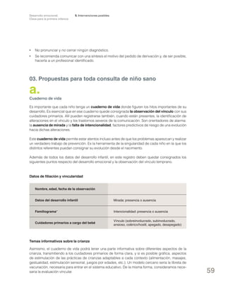 Desarrollo emocional.
Clave para la primera infancia

5. Intervenciones posibles

•	 No pronunciar y no cerrar ningún diagnóstico.
•	 Se recomienda comunicar con una síntesis el motivo del pedido de derivación y, de ser posible,
hacerla a un profesional identificado.

03. Propuestas para toda consulta de niño sano

a.

Cuaderno de vida
Es importante que cada niño tenga un cuaderno de vida donde figuren los hitos importantes de su
desarrollo. Es esencial que en ese cuaderno quede consignada la observación del vínculo con sus
cuidadores primarios. Allí pueden registrarse también, cuando están presentes, la identificación de
alteraciones en el vínculo y los trastornos severos de la comunicación. Son orientadores de alarma:
la ausencia de mirada y la falta de intencionalidad, factores predictivos de riesgo de una evolución
hacia dichas alteraciones.
Este cuaderno de vida permite estar atentos incluso antes de que los problemas aparezcan y realizar
un verdadero trabajo de prevención. Es la herramienta de la singularidad de cada niño en la que los
distintos referentes puedan consignar su evolución desde el nacimiento.
Además de todos los datos del desarrollo infantil, en este registro deben quedar consignados los
siguientes puntos respecto del desarrollo emocional y la observación del vínculo temprano.

Datos de filiación y vincularidad
Nombre, edad, fecha de la observación
Datos del desarrollo infantil

Mirada: presencia o ausencia

Familiograma*

Intencionalidad: presencia o ausencia

Cuidadores primarios a cargo del bebé

Vínculo (sobreinvolucrado, subinvolucrado,
ansioso, colérico/hostil, apegado, desapegado)

Temas informativos sobre la crianza
Asimismo, el cuaderno de vida podrá tener una parte informativa sobre diferentes aspectos de la
crianza, transmitiendo a los cuidadores primarios de forma clara, y si es posible gráfica, aspectos
de estimulación de las prácticas de crianzas adaptables a cada contexto (alimentación, masajes,
gestualidad, estimulación sensorial, juegos por edades, etc.). Un modelo cercano sería la libreta de
vacunación, necesaria para entrar en el sistema educativo. De la misma forma, consideramos necesaria la evaluación vincular.

59

 