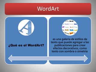 WordArt
¿Qué es el WordArt?
es una galería de estilos de
texto que puede agregar a las
publicaciones para crear
efectos decorativos, como
texto con sombra o simetría
 