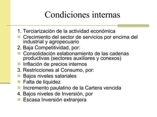 Condiciones internas 1. Terciarización de la actividad económica Crecimiento del sector de servicios por encima del industrial y agropecuario 2. Baja Competitividad, por: Consolidación eslabonamiento de las cadenas productivas (sectores auxiliares y conexos) Inflación de precios internos 3. Restricciones al Consumo, por: Bajos niveles salariales Falta de liquidez Incremento paulatino de la Cartera vencida  4. Bajos niveles de Inversión, por Escasa Inversión extranjera  