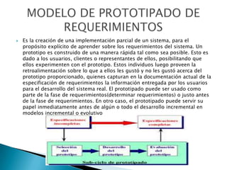    Es la creación de una implementación parcial de un sistema, para el
    propósito explícito de aprender sobre los requerimientos del sistema. Un
    prototipo es construido de una manera rápida tal como sea posible. Esto es
    dado a los usuarios, clientes o representantes de ellos, posibilitando que
    ellos experimenten con el prototipo. Estos individuos luego proveen la
    retroalimentación sobre lo que a ellos les gustó y no les gustó acerca del
    prototipo proporcionado, quienes capturan en la documentación actual de la
    especificación de requerimientos la información entregada por los usuarios
    para el desarrollo del sistema real. El prototipado puede ser usado como
    parte de la fase de requerimientos(determinar requerimientos) o justo antes
    de la fase de requerimientos. En otro caso, el prototipado puede servir su
    papel inmediatamente antes de algún o todo el desarrollo incremental en
    modelos incremental o evolutivo
 