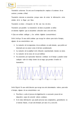 UNIVERDIDADNACIONALABIERTA Y A DISTANCIA – UNAD
REDES LOCALESBÁSICO
Trasmisión asíncrona: En este caso la temporización empieza al comienzo de un
carácter y termina al final.
Trasmisión síncrona se caracteriza porque antes de enviar la información envía
señales de lo va llegar por línea.
Trasmisión en datos el trasporte de bits uno tras de otros.
Trasmisión por paralelo: La transmisión de datos en paralelo se utiliza
en sistemas digitales que se encuentran colocados unos cerca del otro.
4. Que son señales análogas y las señales digitales (características)
Señal Análoga: Es una señal continua que recoge los valores para todo el tiempo,
algunas de sus características son:
 La variación de la temperatura de un ambiente en cada instante, que podría ser
detectado por un sensor como el del aire acondicionado.
 La variación de la amplitud de la vibración experimentada durante un sismo.
 La variación de los tonos de voz por teléfono
 Se caracteriza por representar funciones continuas en el tiempo y pueden tomar
cualquier valor de voltaje dentro de un rango que permita el medio de
transmisión.
Señal Digital: Es una señal discreta que recoge tan solo determinados valores para todo
el tiempo, algunas de sus características son:
 Para llevar a cabo el proceso de digitalización es necesario poseer de un
dispositivo capaz de convertir valores continuos.
 Es la única información que puede procesar una computadora, generalmente en
el sistema binario, el cual está formado por unos (1) y ceros (0).
 