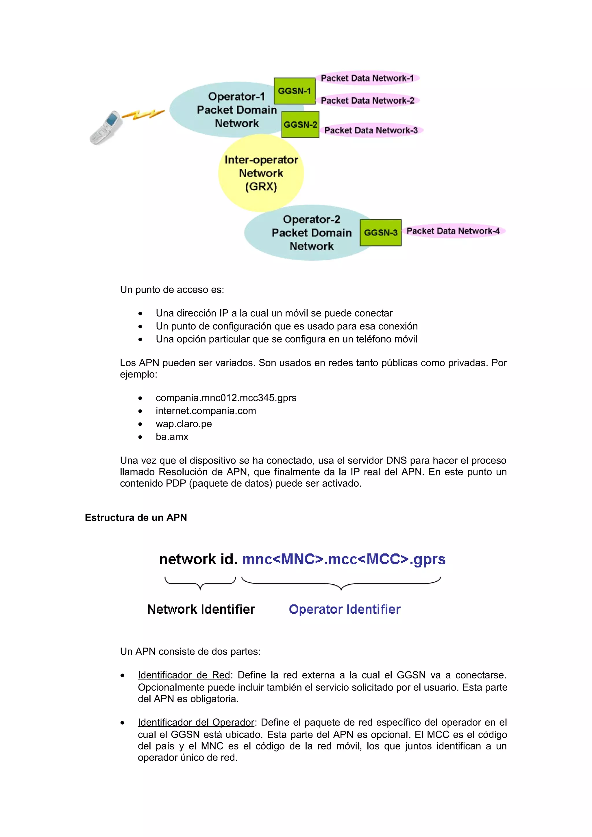 Un punto de acceso es:

          •   Una dirección IP a la cual un móvil se puede conectar
          •   Un punto de configuración que es usado para esa conexión
          •   Una opción particular que se configura en un teléfono móvil

      Los APN pueden ser variados. Son usados en redes tanto públicas como privadas. Por
      ejemplo:

          •   compania.mnc012.mcc345.gprs
          •   internet.compania.com
          •   wap.claro.pe
          •   ba.amx

      Una vez que el dispositivo se ha conectado, usa el servidor DNS para hacer el proceso
      llamado Resolución de APN, que finalmente da la IP real del APN. En este punto un
      contenido PDP (paquete de datos) puede ser activado.


Estructura de un APN




      Un APN consiste de dos partes:

      •   Identificador de Red: Define la red externa a la cual el GGSN va a conectarse.
          Opcionalmente puede incluir también el servicio solicitado por el usuario. Esta parte
          del APN es obligatoria.

      •   Identificador del Operador: Define el paquete de red específico del operador en el
          cual el GGSN está ubicado. Esta parte del APN es opcional. El MCC es el código
          del país y el MNC es el código de la red móvil, los que juntos identifican a un
          operador único de red.
 