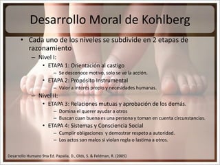 Desarrollo Moral de Kohlberg<br />Cada uno de los niveles se subdivide en 2 etapas de razonamiento<br />Nivel I:<br />ETAP...