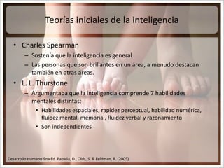 Teorías iniciales de la inteligencia <br />Charles Spearman<br />Sostenía que la inteligencia es general <br />Las persona...