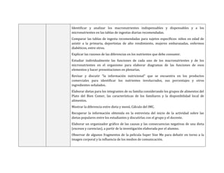 Identificar y analizar los macronutrientes indispensables y dispensables y a los
micronutrientes en las tablas de ingestas diarias recomendadas.
Comparar las tablas de ingesta recomendadas para sujetos específicos: niños en edad de
asistir a la primaria, deportistas de alto rendimiento, mujeres embarazadas, enfermos
diabéticos, entre otros.
Explicar las razones de las diferencias en los nutrientes que debe consumir.
Estudiar individualmente las funciones de cada uno de los macronutrientes y de los
micronutrientes en el organismo para elaborar diagramas de las funciones de esos
elementos y hacer presentaciones en plenarias.
Revisar y discutir “la información nutricional” que se encuentra en los productos
comerciales para identificar los nutrientes involucrados, sus porcentajes y otros
ingredientes señalados.
Elaborar dietas para los integrantes de su familia considerando los grupos de alimentos del
Plato del Bien Comer, las características de los familiares y la disponibilidad local de
alimentos.
Mostrar la diferencia entre dieta y menú. Cálculo del IMC.
Recuperar la información obtenida en la entrevista del inicio de la actividad sobre las
dietas populares entre los estudiantes y discutirlas con el grupo y el docente.
Elaborar un organizador gráfico de las causas y las consecuencias negativas de una dieta
(excesos y carencias), a partir de la investigación elaborada por el alumno.
Observar de algunos fragmentos de la película Super Size Me para debatir en torno a la
imagen corporal y la influencia de los medios de comunicación.
 
