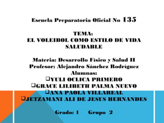 Escuela Preparatoria Oficial No 135
 
TEMA:
EL VOLEIBOL COMO ESTILO DE VIDA
SALUDABLE
Materia: Desarrollo Físico y Salud II
Profesor: Alejandro Sánchez Rodríguez
Alumnas:
YULI OCLICA PRIMERO
GRACE LILIBETH PALMA NUEVO
ANA PAOLA VILLAREAL
JETZAMANI ALI DE JESUS HERNANDES
 
Grado: 1 Grupo 2
 
 