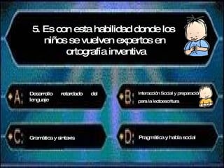 5. Es con esta habilidad donde los  niños se vuelven expertos en ortografía inventiva Desarrollo retardado del lenguaje Interacción Social y preparación para la lectoescritura Gramática y sintaxis Pragmática y habla social 