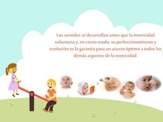 Los sentidos se desarrollan antes que la motricidad 
voluntaria y, en cierto modo, su perfeccionamiento y 
evolución es la garantía para un acceso óptimo a todos los 
demás aspectos de la motricidad. 
 