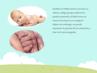 también el reflejo tónico-cervical. La 
cabeza cuelga porque todavía no 
puede sostenerla, el bebé cierra su 
mano al contacto con cualquier 
objeto sin embargo, no puede 
mantener la presión de los músculos y 
éste se le cae enseguida. 
 